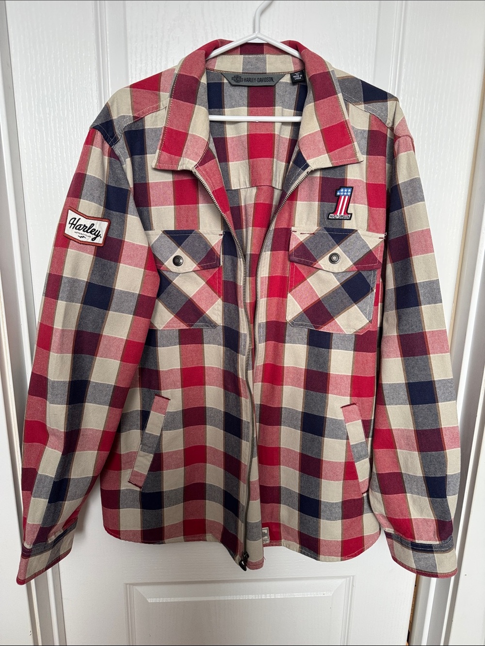 Harley-Davidson Red, Navy & Cream Plaid Button-Up Shirt Jacket